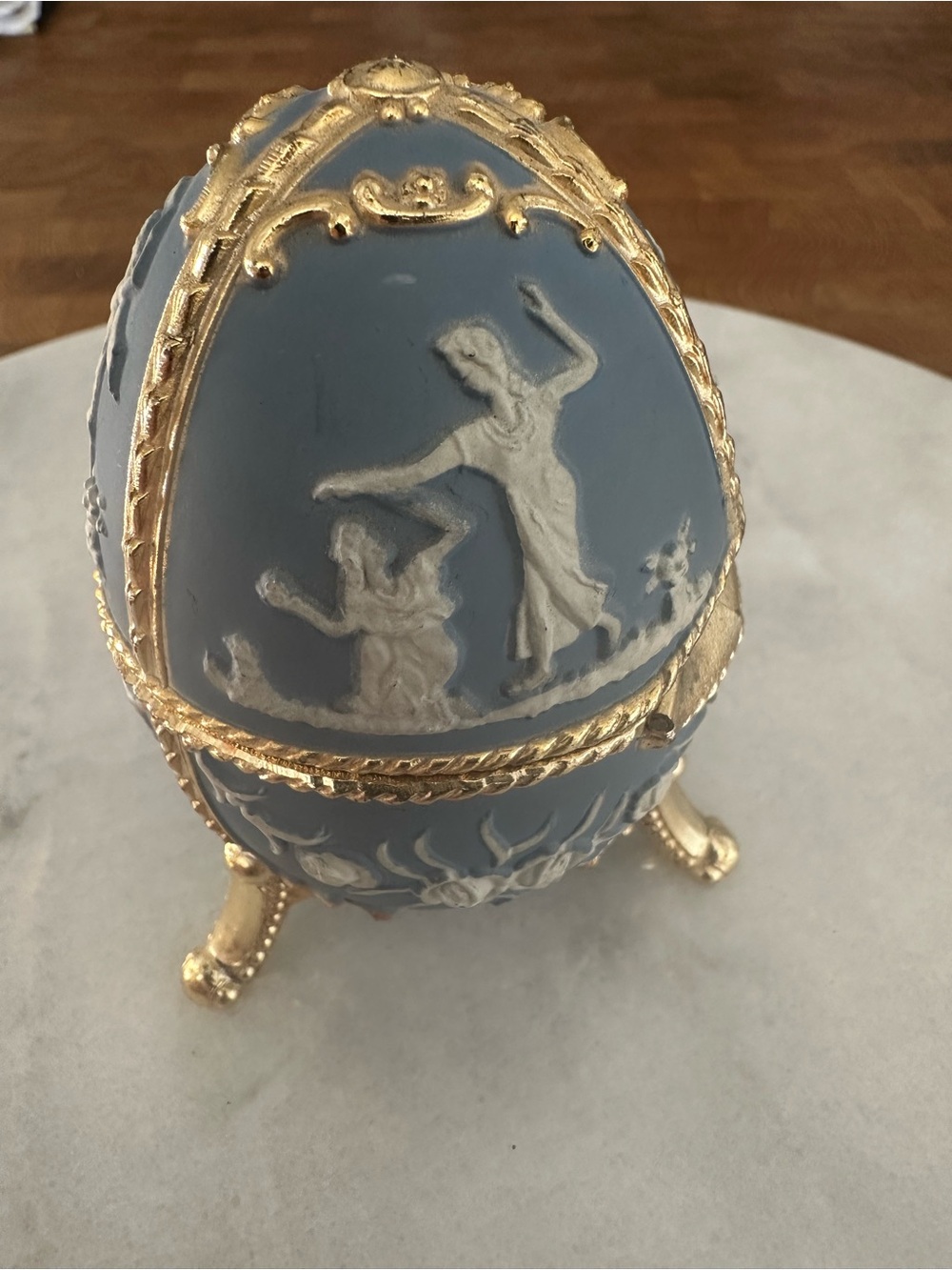 Vintage Blue Jasperware Gold Japan Roman Music Engagement Egg Trinket Box Works